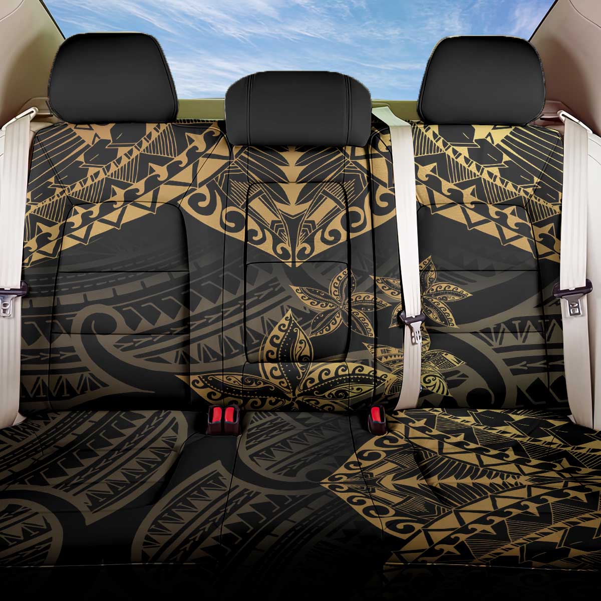 Black and Gold Polynesia Back Car Seat Cover Plumeria Tattoo With Polynesian Pattern LT14 One Size Black - Polynesian Pride