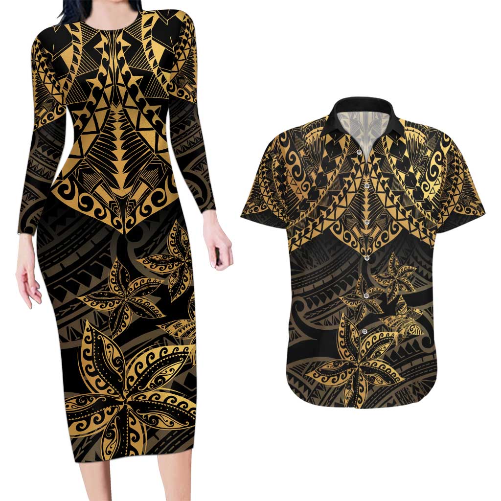 Black and Gold Polynesia Couples Matching Long Sleeve Bodycon Dress and Hawaiian Shirt Plumeria Tattoo With Polynesian Pattern LT14 Black - Polynesian Pride