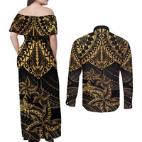 Black and Gold Polynesia Couples Matching Off Shoulder Maxi Dress and Long Sleeve Button Shirt Plumeria Tattoo With Polynesian Pattern LT14 - Polynesian Pride