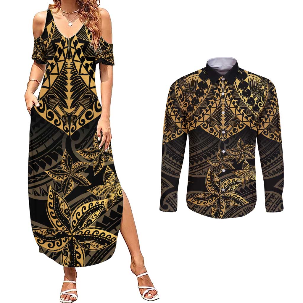 Black and Gold Polynesia Couples Matching Summer Maxi Dress and Long Sleeve Button Shirt Plumeria Tattoo With Polynesian Pattern LT14 Black - Polynesian Pride