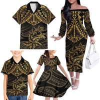 Black and Gold Polynesia Family Matching Off The Shoulder Long Sleeve Dress and Hawaiian Shirt Plumeria Tattoo With Polynesian Pattern LT14 - Polynesian Pride