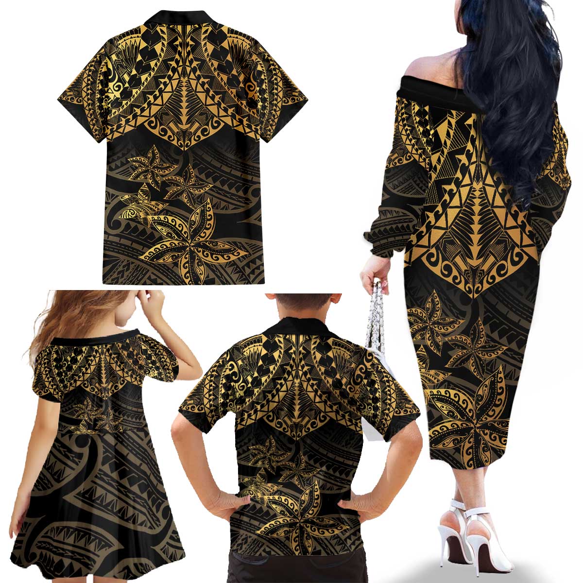 Black and Gold Polynesia Family Matching Off The Shoulder Long Sleeve Dress and Hawaiian Shirt Plumeria Tattoo With Polynesian Pattern LT14 - Polynesian Pride