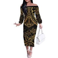 Black and Gold Polynesia Family Matching Off The Shoulder Long Sleeve Dress and Hawaiian Shirt Plumeria Tattoo With Polynesian Pattern LT14 Mom's Dress Black - Polynesian Pride