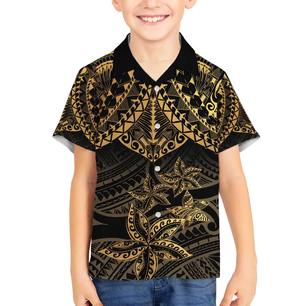 Black and Gold Polynesia Family Matching Off The Shoulder Long Sleeve Dress and Hawaiian Shirt Plumeria Tattoo With Polynesian Pattern LT14 Son's Shirt Black - Polynesian Pride