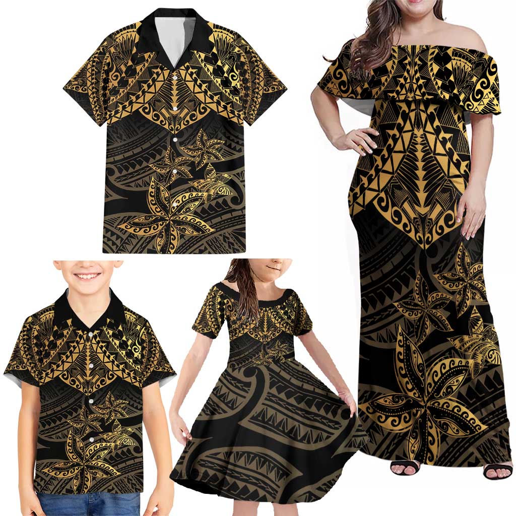 Black and Gold Polynesia Family Matching Off Shoulder Maxi Dress and Hawaiian Shirt Plumeria Tattoo With Polynesian Pattern LT14 - Polynesian Pride