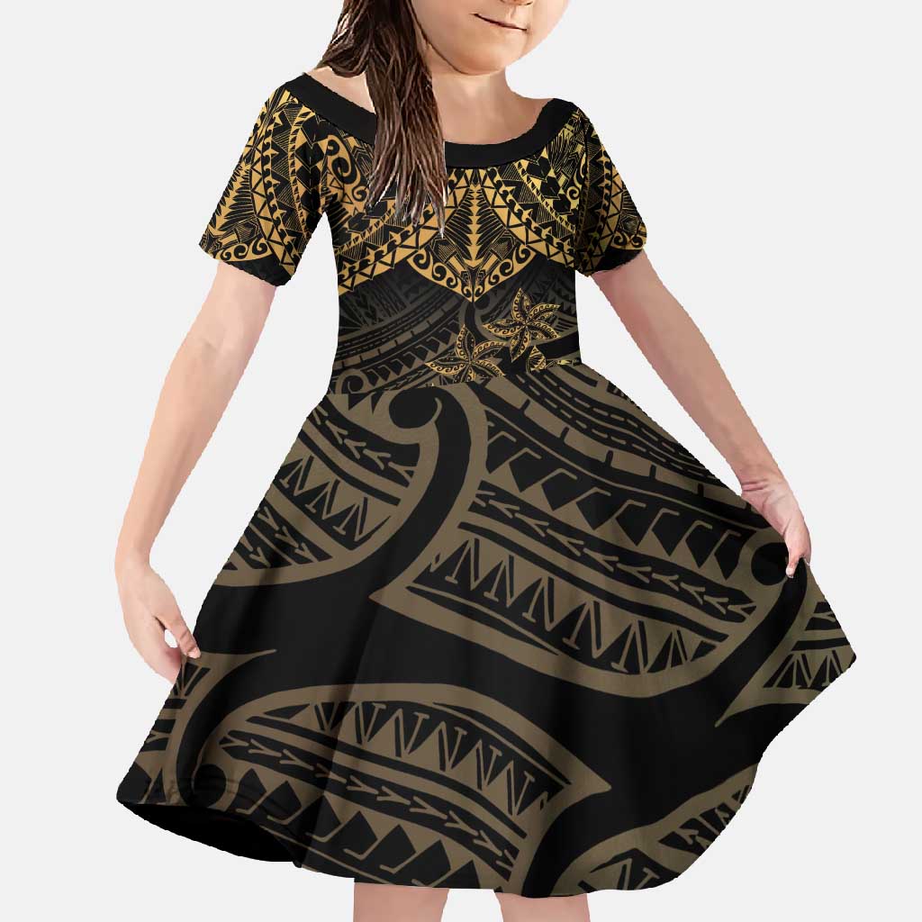 Black and Gold Polynesia Family Matching Summer Maxi Dress and Hawaiian Shirt Plumeria Tattoo With Polynesian Pattern LT14 Daughter's Dress Black - Polynesian Pride