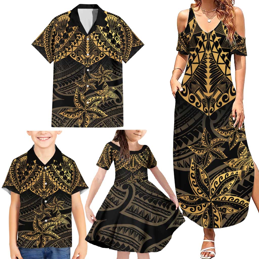 Black and Gold Polynesia Family Matching Summer Maxi Dress and Hawaiian Shirt Plumeria Tattoo With Polynesian Pattern LT14 - Polynesian Pride