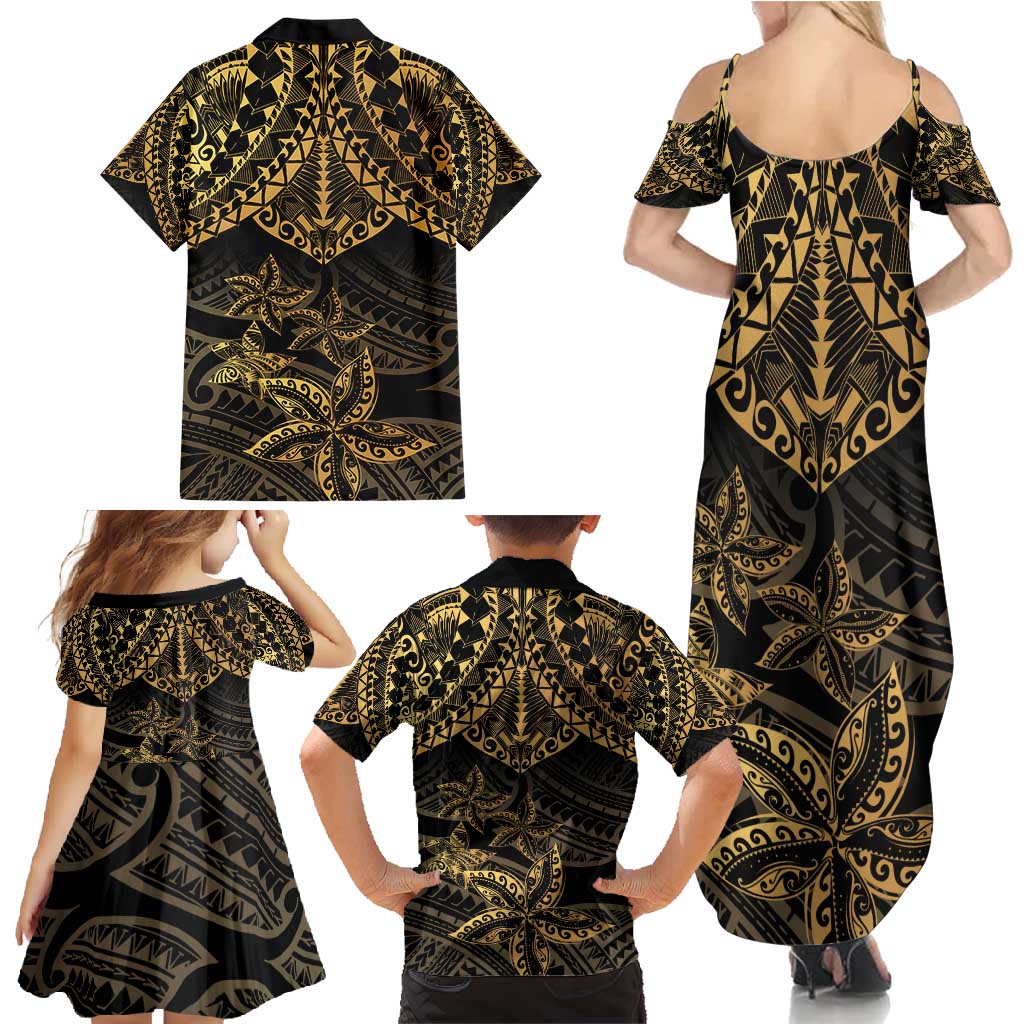 Black and Gold Polynesia Family Matching Summer Maxi Dress and Hawaiian Shirt Plumeria Tattoo With Polynesian Pattern LT14 - Polynesian Pride