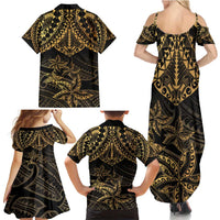 Black and Gold Polynesia Family Matching Summer Maxi Dress and Hawaiian Shirt Plumeria Tattoo With Polynesian Pattern LT14 - Polynesian Pride