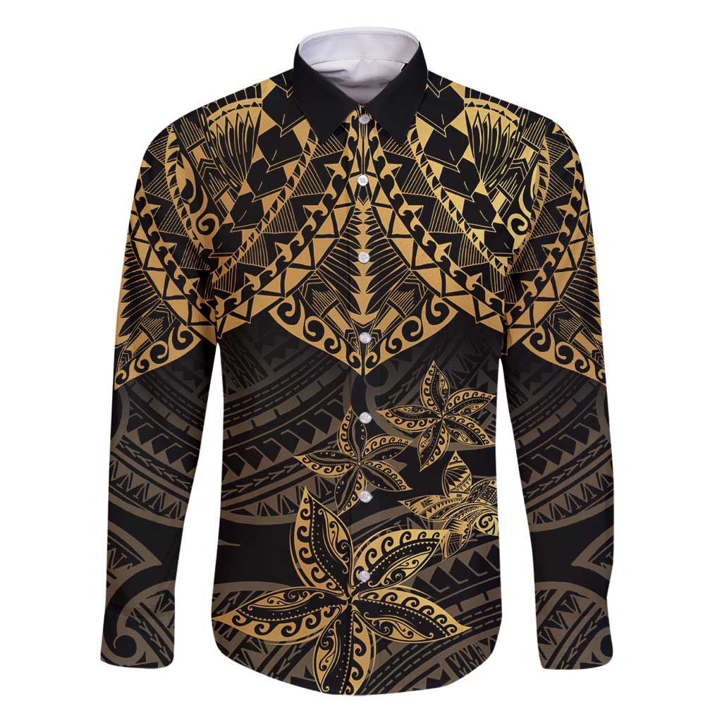 Black and Gold Polynesia Family Matching Summer Maxi Dress and Hawaiian Shirt Plumeria Tattoo With Polynesian Pattern LT14 Dad's Shirt - Long Sleeve Black - Polynesian Pride