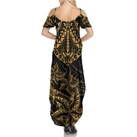 Black and Gold Polynesia Family Matching Summer Maxi Dress and Hawaiian Shirt Plumeria Tattoo With Polynesian Pattern LT14 - Polynesian Pride