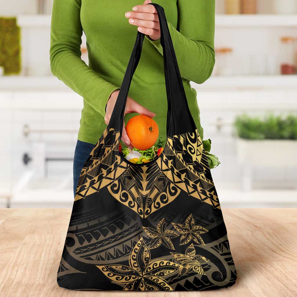 Black and Gold Polynesia Grocery Bag Plumeria Tattoo With Polynesian Pattern