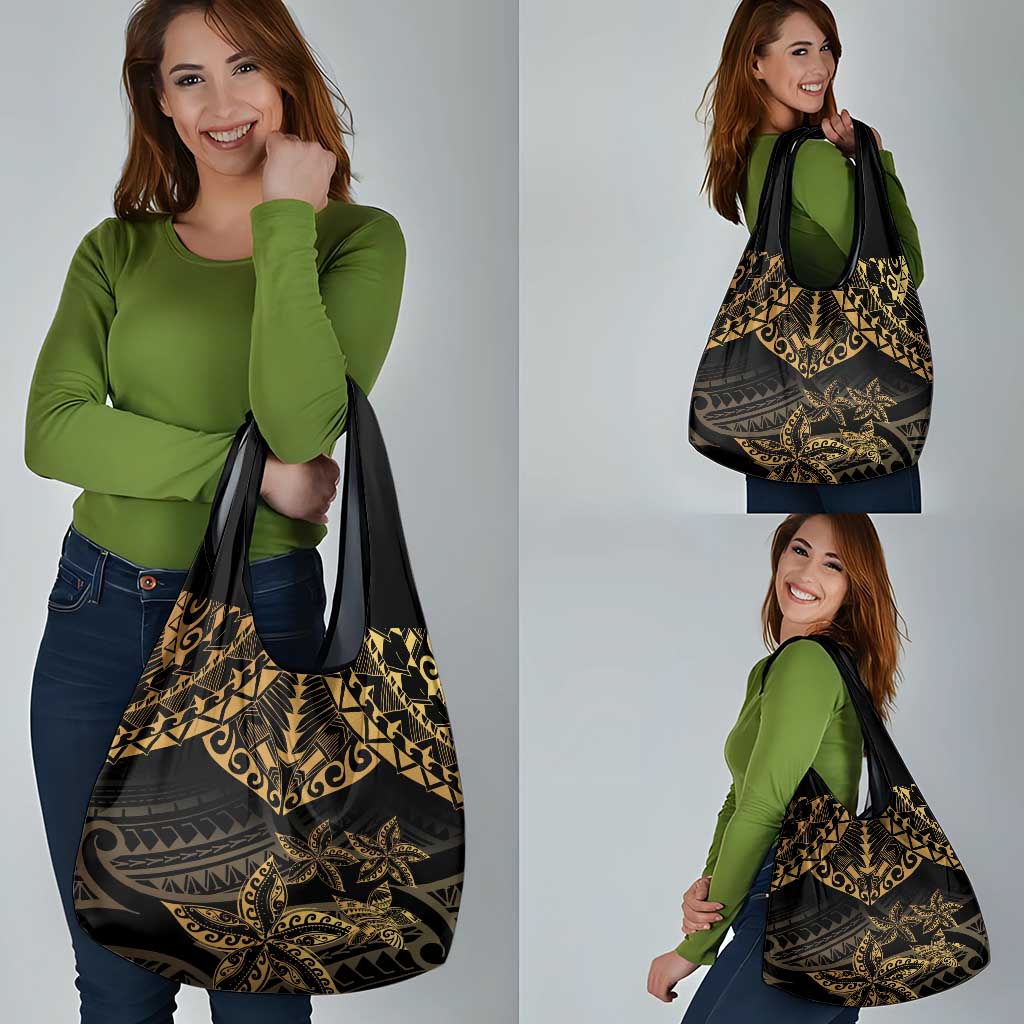 Black and Gold Polynesia Grocery Bag Plumeria Tattoo With Polynesian Pattern