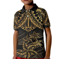 Black and Gold Polynesia Kid Polo Shirt Plumeria Tattoo With Polynesian Pattern