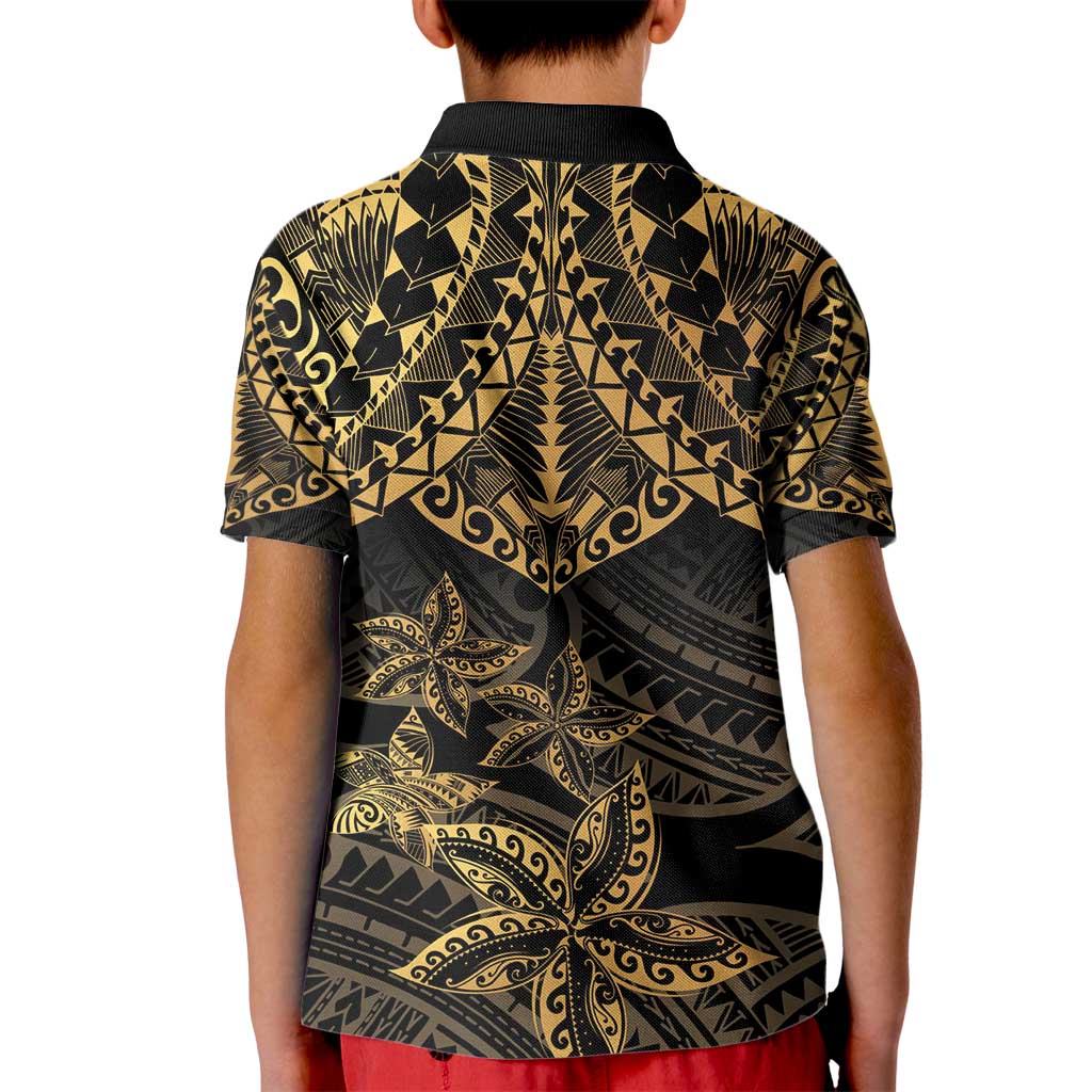 Black and Gold Polynesia Kid Polo Shirt Plumeria Tattoo With Polynesian Pattern