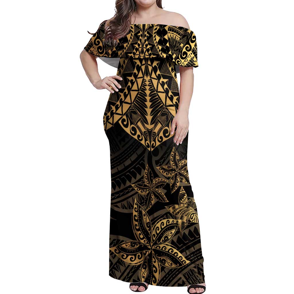 Black and Gold Polynesia Off Shoulder Maxi Dress Plumeria Tattoo With Polynesian Pattern
