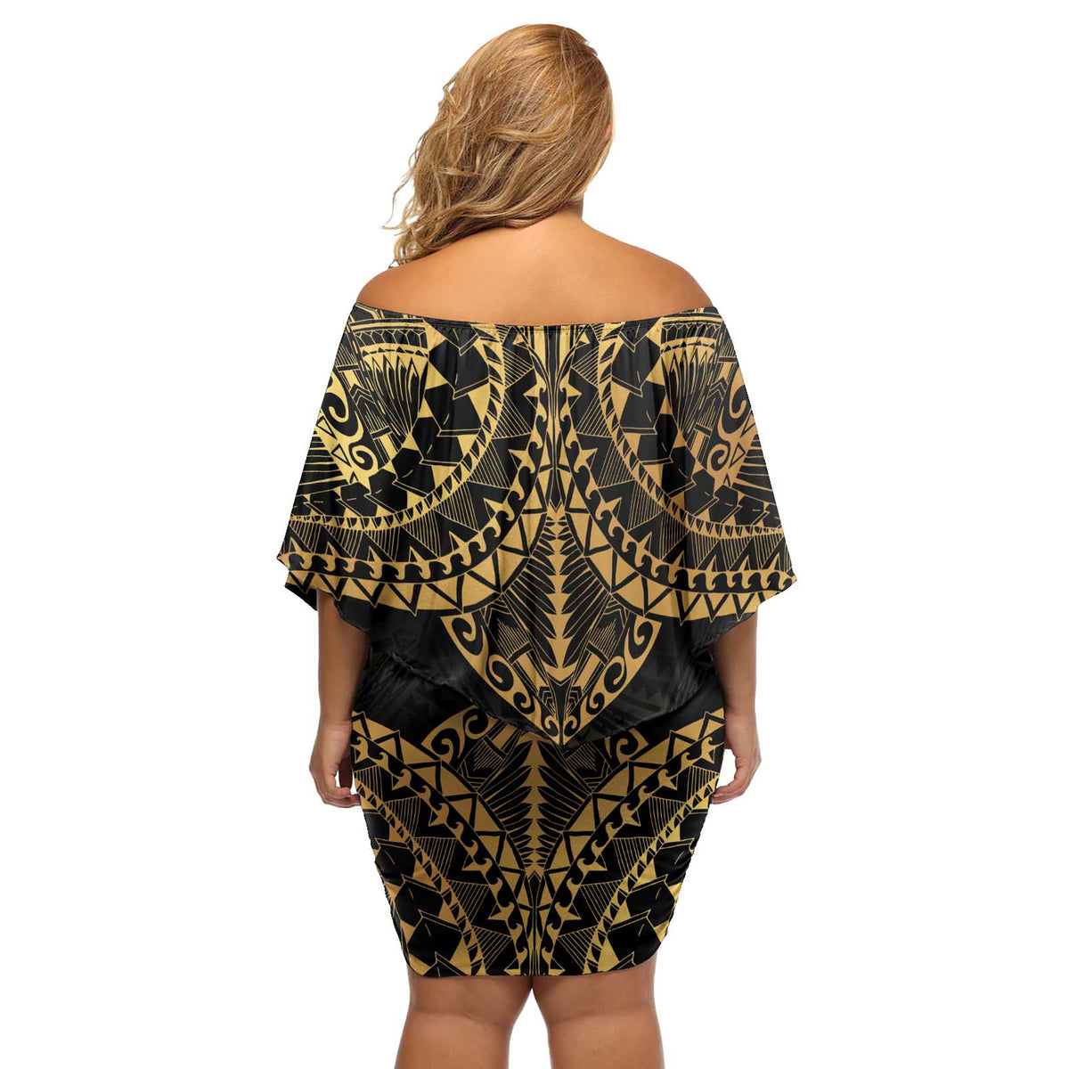 Black and Gold Polynesia Off Shoulder Short Dress Plumeria Tattoo With Polynesian Pattern