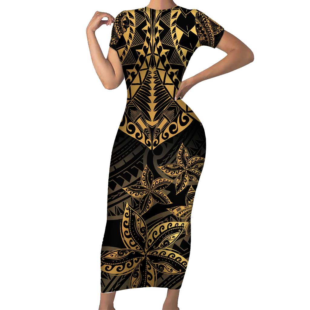 Black and Gold Polynesia Short Sleeve Bodycon Dress Plumeria Tattoo With Polynesian Pattern LT14 Long Dress Black - Polynesian Pride