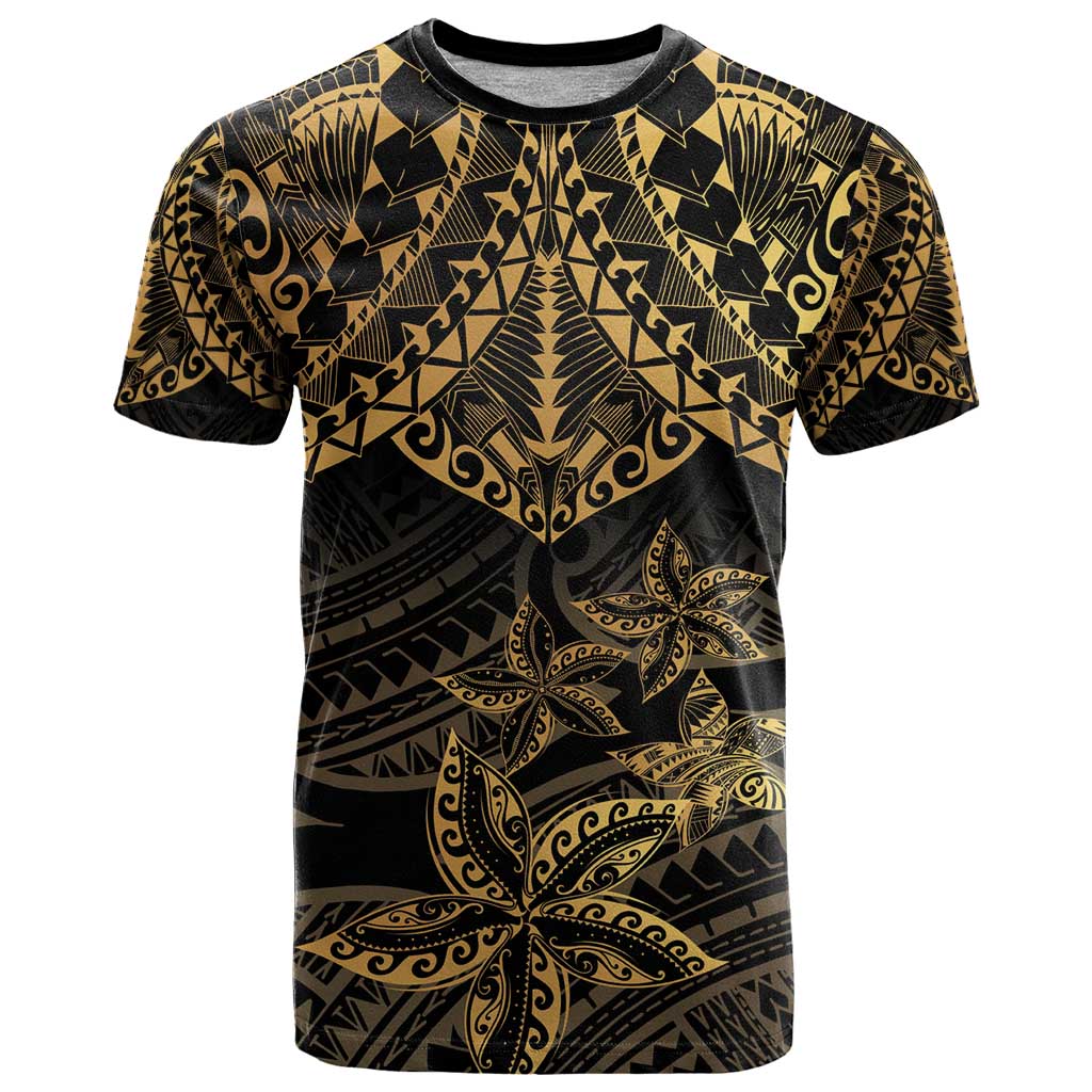 Black and Gold Polynesia T Shirt Plumeria Tattoo With Polynesian Pattern