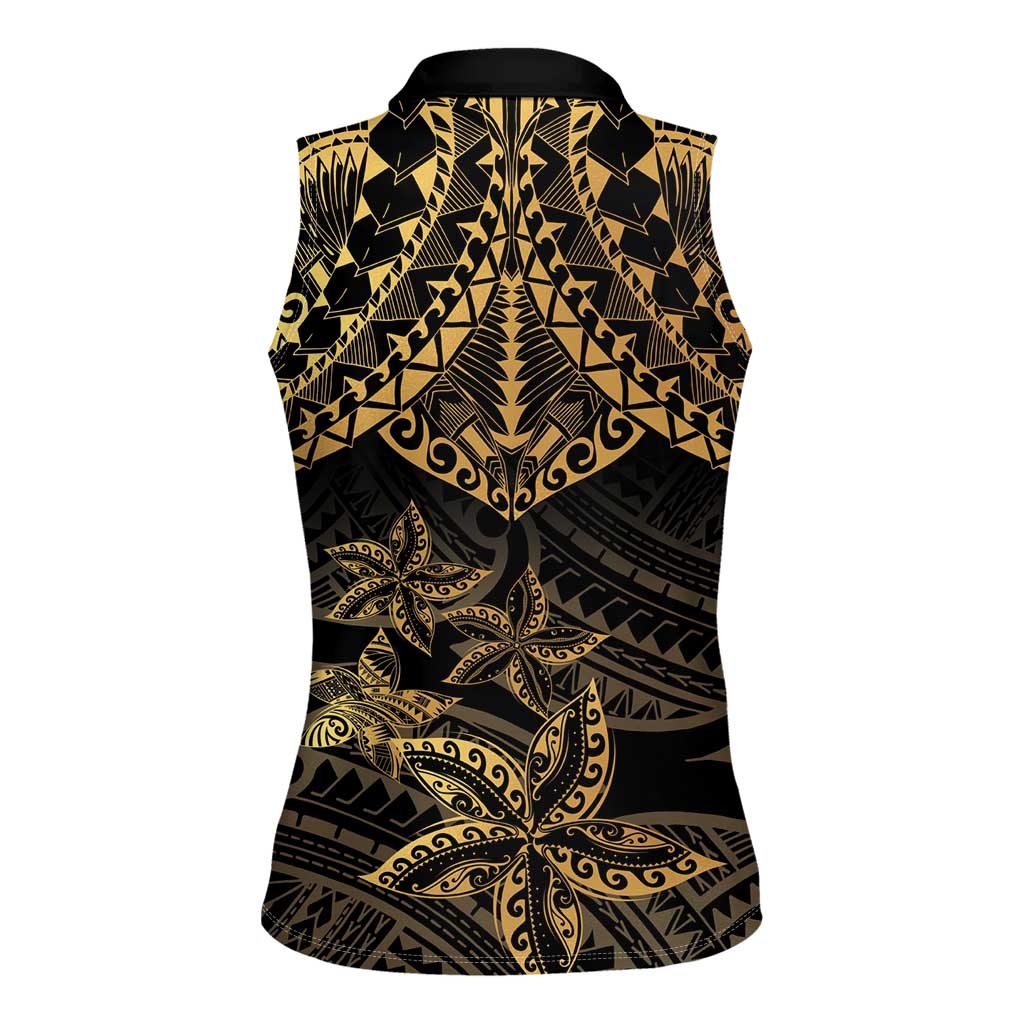 Black and Gold Polynesia Women Sleeveless Polo Shirt Plumeria Tattoo With Polynesian Pattern