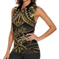 Black and Gold Polynesia Women Sleeveless Polo Shirt Plumeria Tattoo With Polynesian Pattern