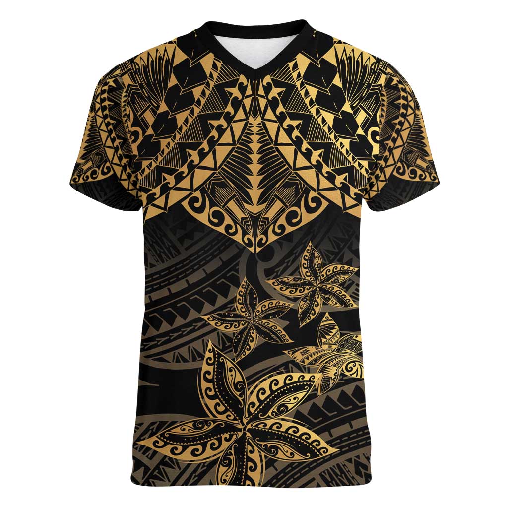 Black and Gold Polynesia Women V-Neck T-Shirt Plumeria Tattoo With Polynesian Pattern