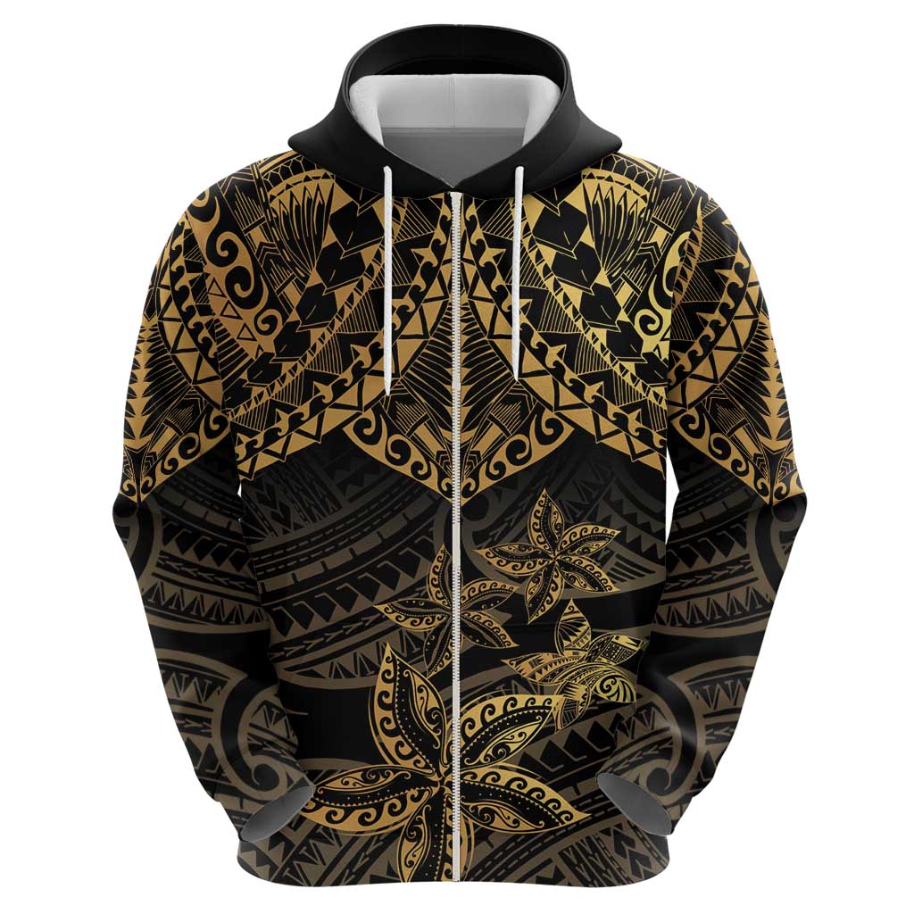 Black and Gold Polynesia Zip Hoodie Plumeria Tattoo With Polynesian Pattern LT14 - Polynesian Pride