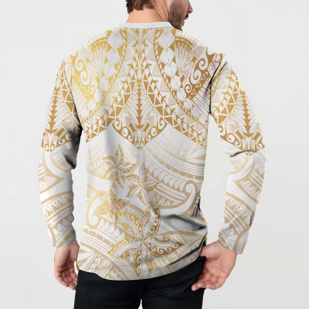 White and Gold Polynesia Button Sweatshirt Plumeria Tattoo With Polynesian Pattern
