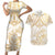 White and Gold Polynesia Couples Matching Short Sleeve Bodycon Dress and Hawaiian Shirt Plumeria Tattoo With Polynesian Pattern