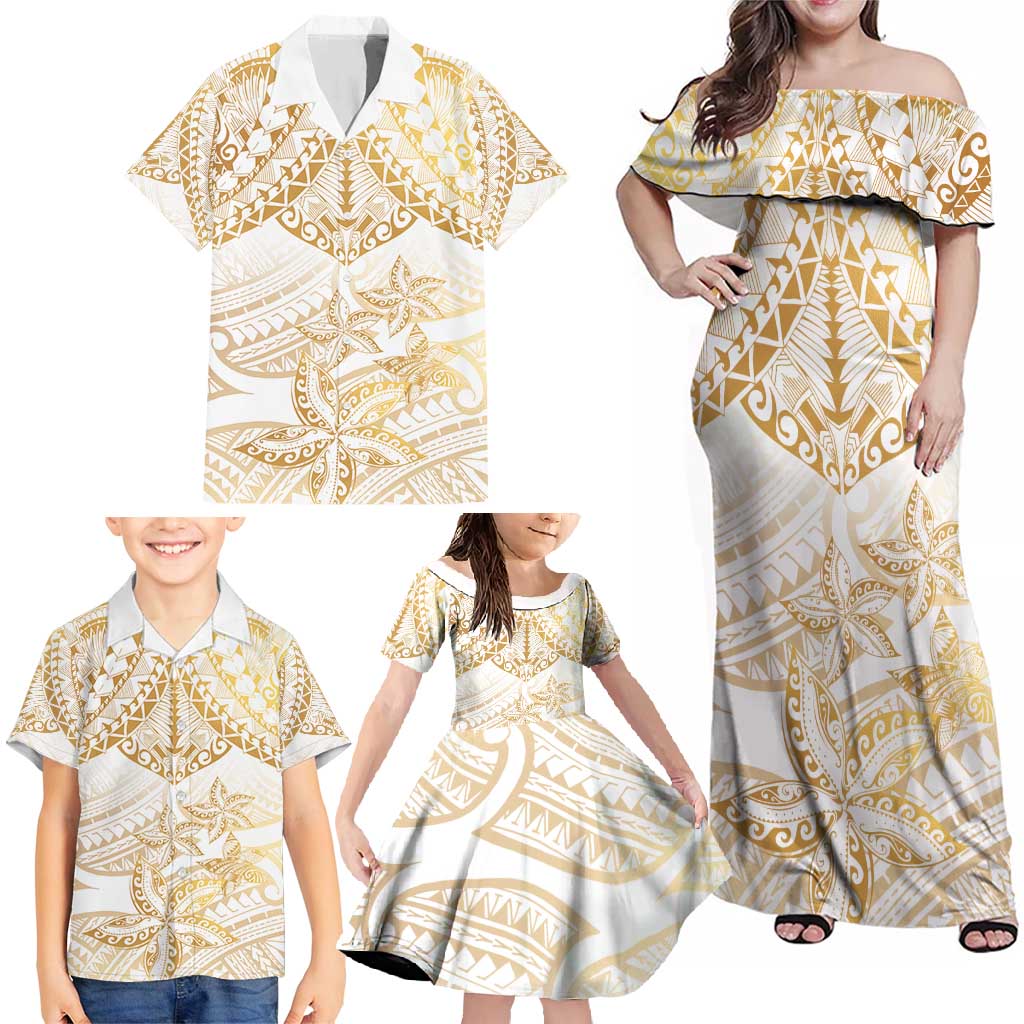 White and Gold Polynesia Family Matching Off Shoulder Maxi Dress and Hawaiian Shirt Plumeria Tattoo With Polynesian Pattern LT14 - Polynesian Pride