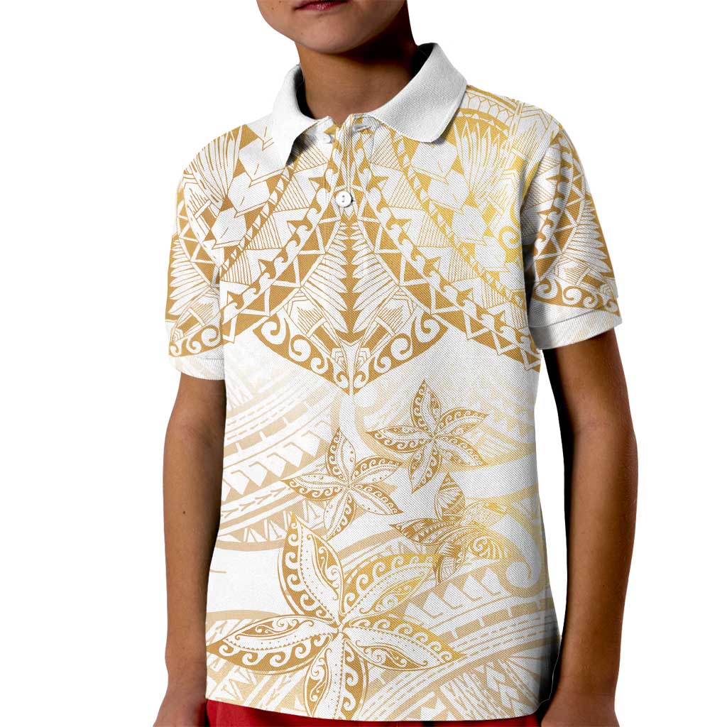 White and Gold Polynesia Kid Polo Shirt Plumeria Tattoo With Polynesian Pattern