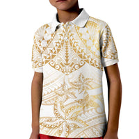 White and Gold Polynesia Kid Polo Shirt Plumeria Tattoo With Polynesian Pattern