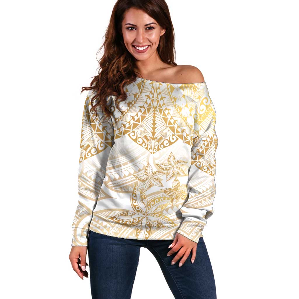 White and Gold Polynesia Off Shoulder Sweater Plumeria Tattoo With Polynesian Pattern LT14 Women White - Polynesian Pride