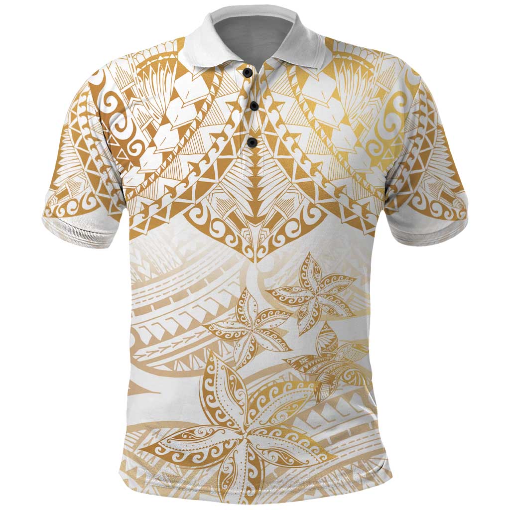 White and Gold Polynesia Polo Shirt Plumeria Tattoo With Polynesian Pattern