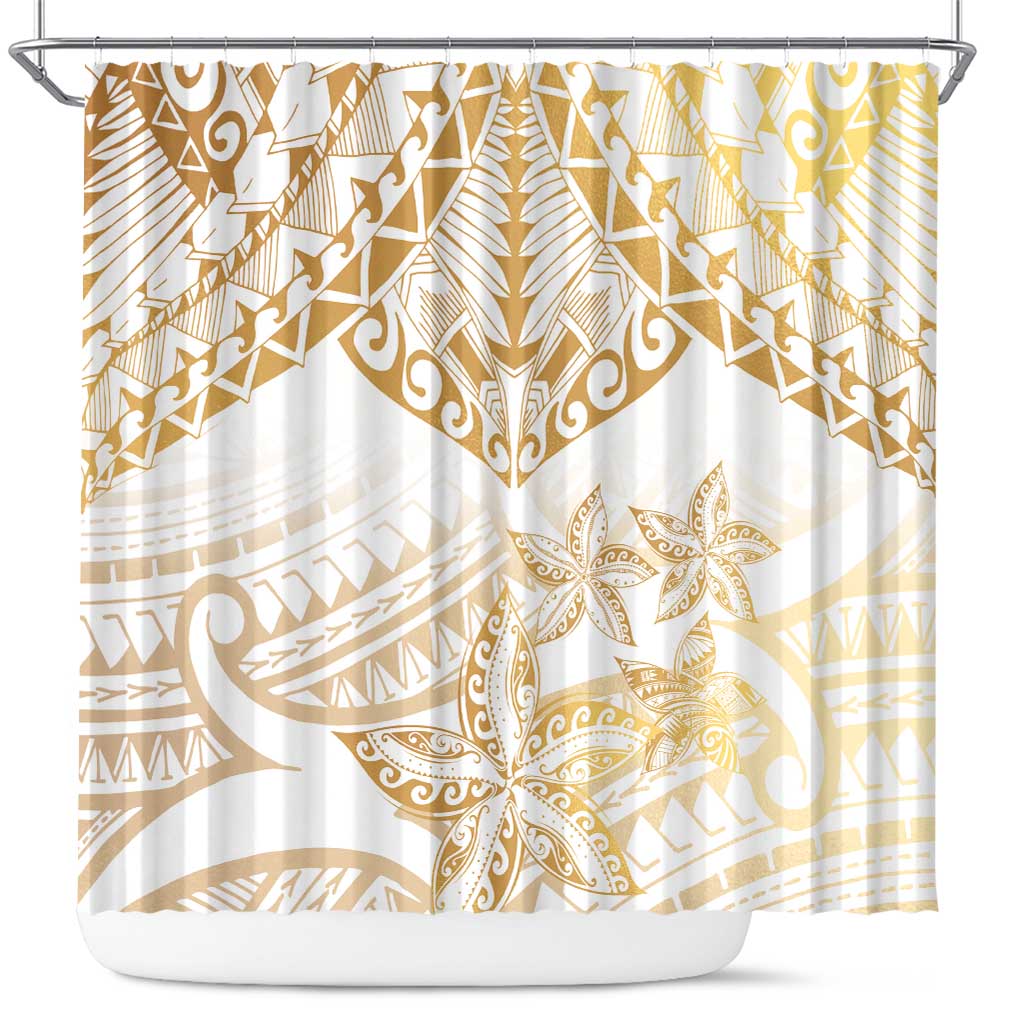 White and Gold Polynesia Shower Curtain Plumeria Tattoo With Polynesian Pattern LT14 White - Polynesian Pride