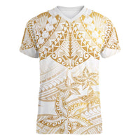 White and Gold Polynesia Women V-Neck T-Shirt Plumeria Tattoo With Polynesian Pattern