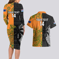 Custom Fiji And Australia Rugby Couples Matching Long Sleeve Bodycon Dress and Hawaiian Shirt Fijian Tapa Pattern With Aussie Aboriginal Art LT14 - Polynesian Pride