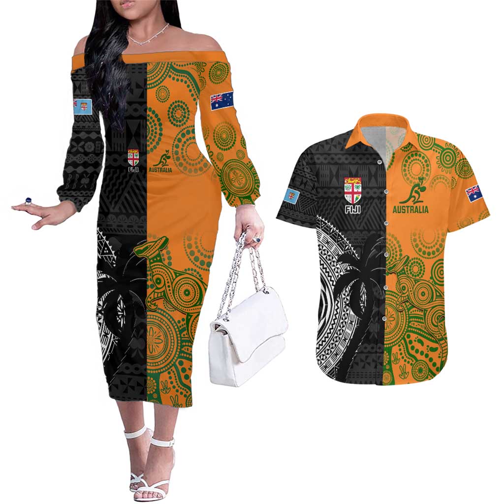 Custom Fiji And Australia Rugby Couples Matching Off The Shoulder Long Sleeve Dress and Hawaiian Shirt Fijian Tapa Pattern With Aussie Aboriginal Art LT14 Black - Polynesian Pride