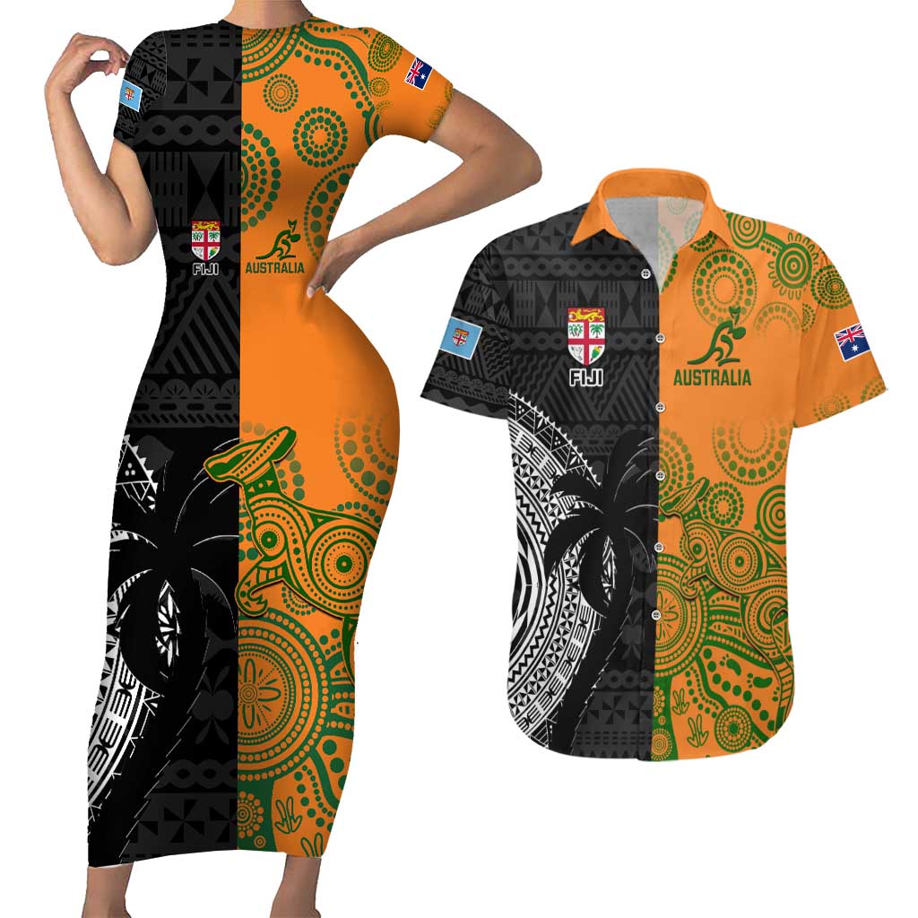 Custom Fiji And Australia Rugby Couples Matching Short Sleeve Bodycon Dress and Hawaiian Shirt Fijian Tapa Pattern With Aussie Aboriginal Art LT14 Black - Polynesian Pride