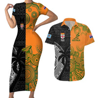 Custom Fiji And Australia Rugby Couples Matching Short Sleeve Bodycon Dress and Hawaiian Shirt Fijian Tapa Pattern With Aussie Aboriginal Art LT14 Black - Polynesian Pride