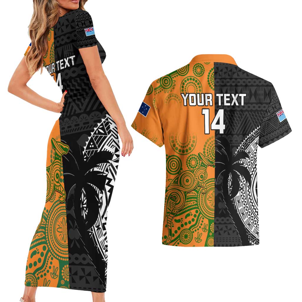 Custom Fiji And Australia Rugby Couples Matching Short Sleeve Bodycon Dress and Hawaiian Shirt Fijian Tapa Pattern With Aussie Aboriginal Art LT14 - Polynesian Pride