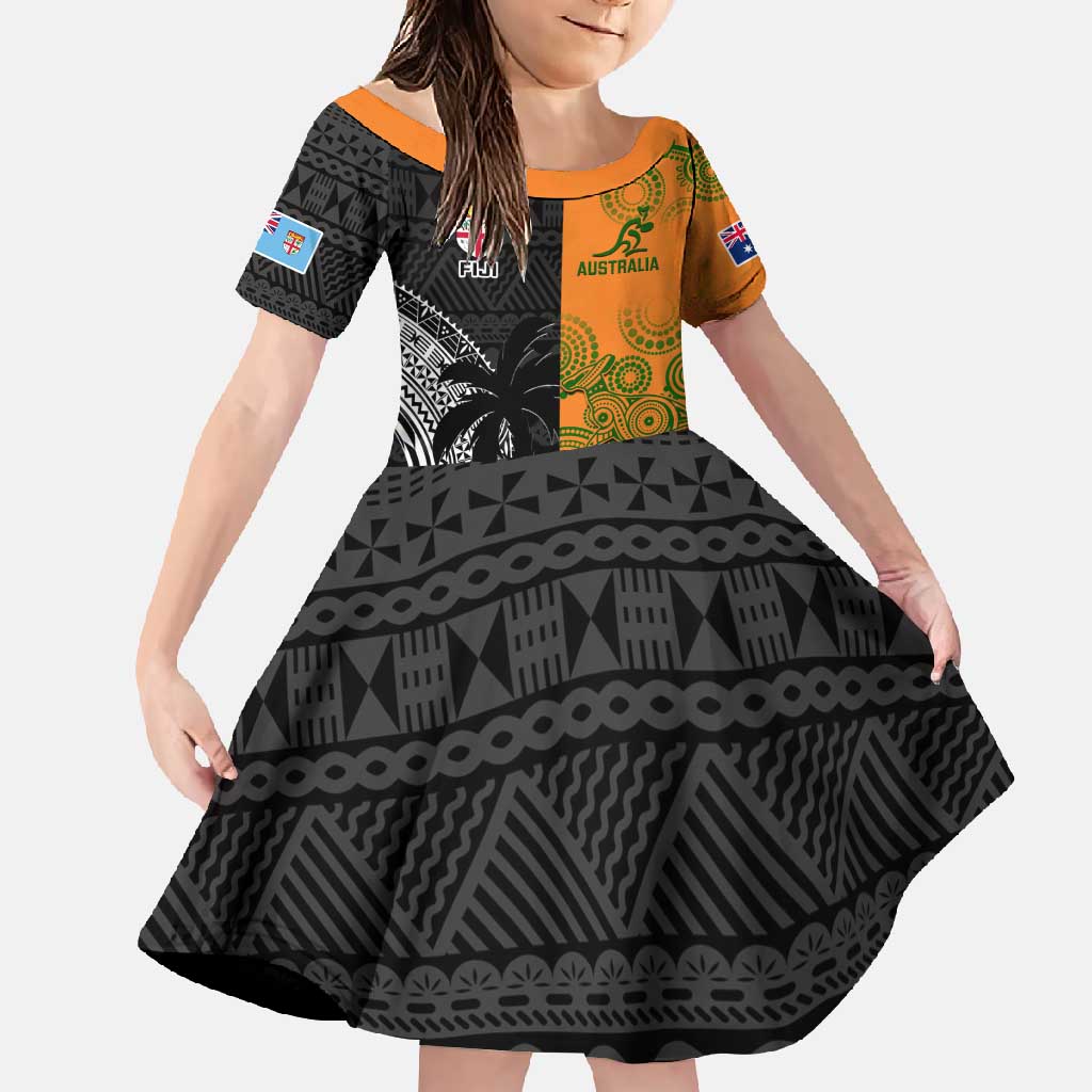 Custom Fiji And Australia Rugby Family Matching Long Sleeve Bodycon Dress and Hawaiian Shirt Fijian Tapa Pattern With Aussie Aboriginal Art LT14 Daughter's Dress Black - Polynesian Pride