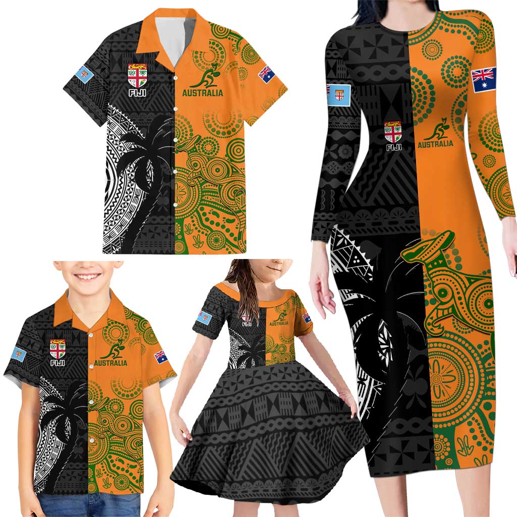 Custom Fiji And Australia Rugby Family Matching Long Sleeve Bodycon Dress and Hawaiian Shirt Fijian Tapa Pattern With Aussie Aboriginal Art LT14 - Polynesian Pride