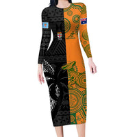 Custom Fiji And Australia Rugby Family Matching Long Sleeve Bodycon Dress and Hawaiian Shirt Fijian Tapa Pattern With Aussie Aboriginal Art LT14 Mom's Dress Black - Polynesian Pride