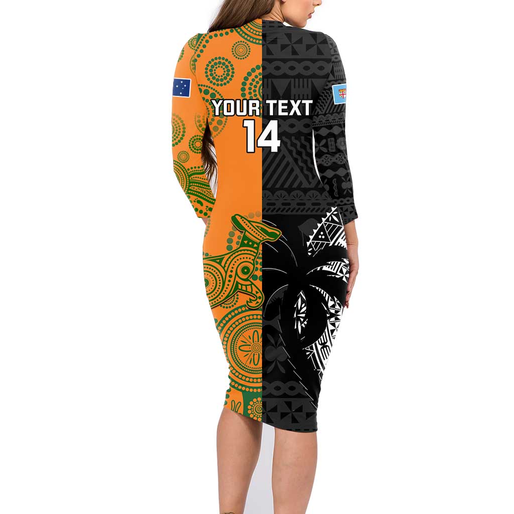 Custom Fiji And Australia Rugby Family Matching Long Sleeve Bodycon Dress and Hawaiian Shirt Fijian Tapa Pattern With Aussie Aboriginal Art LT14 - Polynesian Pride