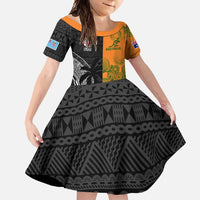 Custom Fiji And Australia Rugby Family Matching Mermaid Dress and Hawaiian Shirt Fijian Tapa Pattern With Aussie Aboriginal Art LT14 Daughter's Dress Black - Polynesian Pride
