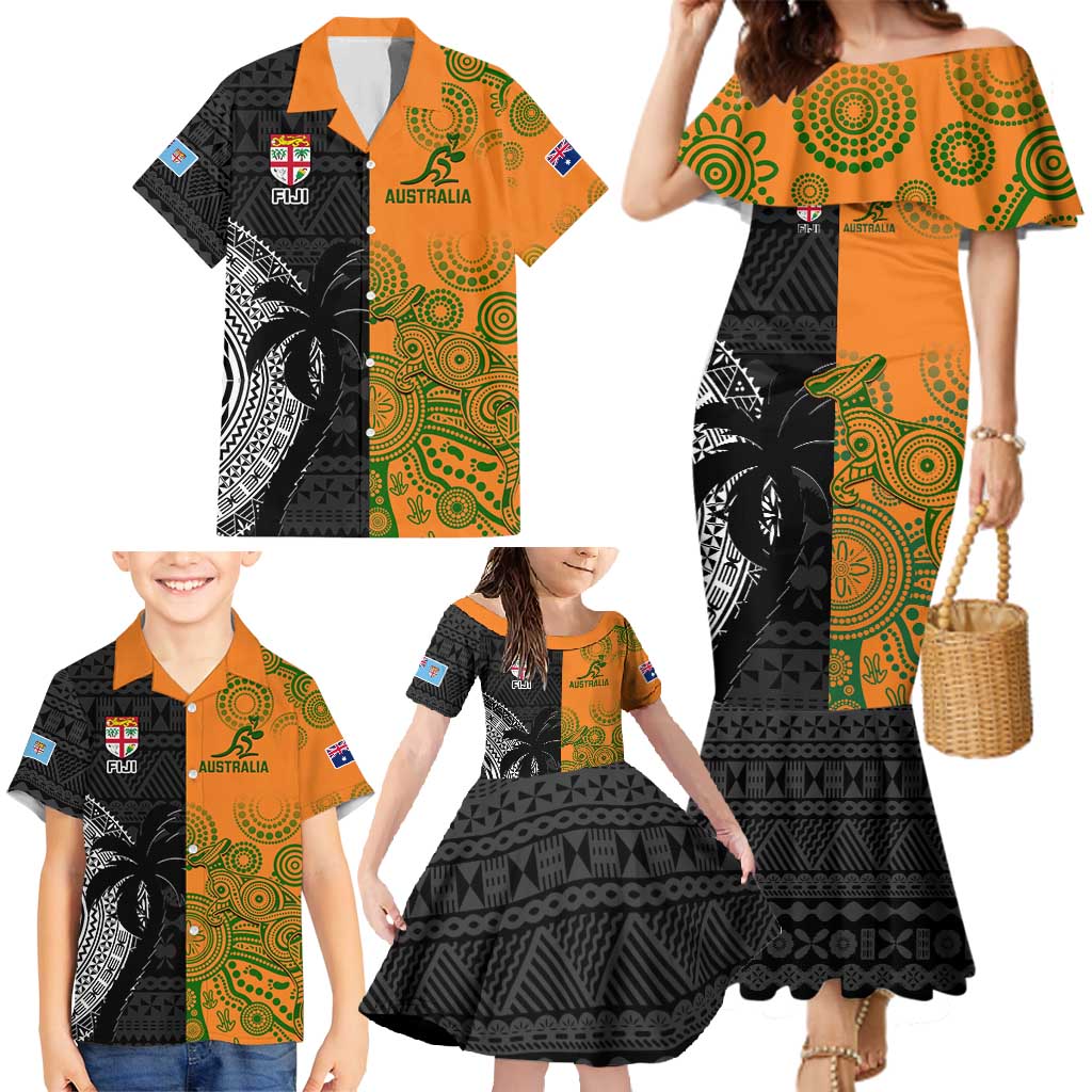 Custom Fiji And Australia Rugby Family Matching Mermaid Dress and Hawaiian Shirt Fijian Tapa Pattern With Aussie Aboriginal Art LT14 - Polynesian Pride