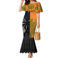 Custom Fiji And Australia Rugby Family Matching Mermaid Dress and Hawaiian Shirt Fijian Tapa Pattern With Aussie Aboriginal Art LT14 Mom's Dress Black - Polynesian Pride
