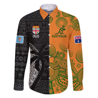 Custom Fiji And Australia Rugby Family Matching Off The Shoulder Long Sleeve Dress and Hawaiian Shirt Fijian Tapa Pattern With Aussie Aboriginal Art LT14 Dad's Shirt - Long Sleeve Black - Polynesian Pride