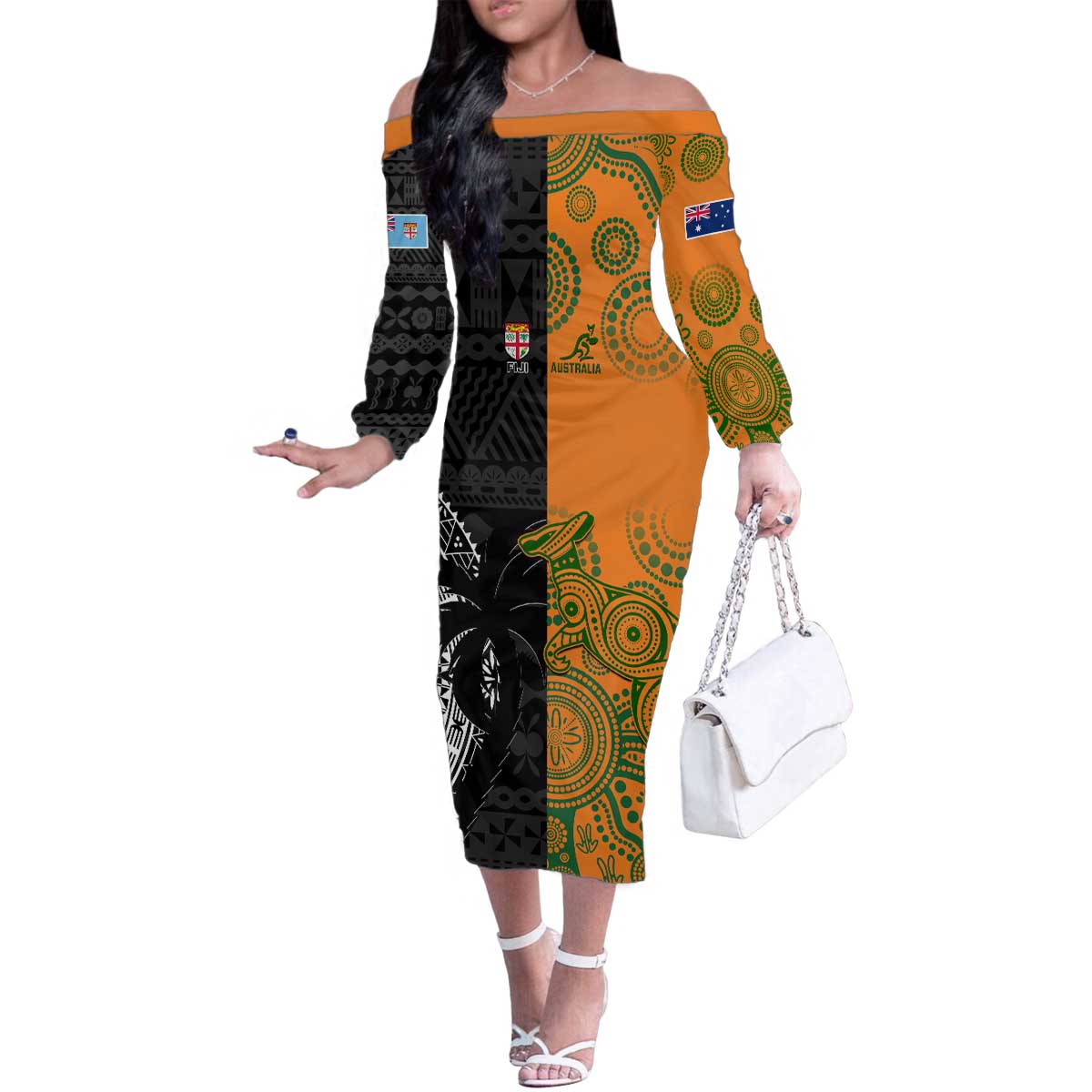 Custom Fiji And Australia Rugby Family Matching Off The Shoulder Long Sleeve Dress and Hawaiian Shirt Fijian Tapa Pattern With Aussie Aboriginal Art LT14 Mom's Dress Black - Polynesian Pride